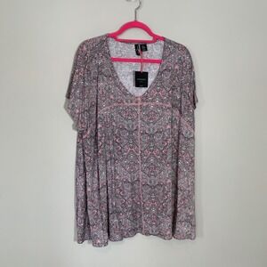 NEW Cynthia Rowley Woman Pink Paisley Jersey Knit V-Neck Short Sleeve Top 3X